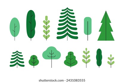 Forest trees set. Green plants, natural botanical floral elements collection. Fir conifer and leaf vegetations in modern simple style. Abstract flat vector illustrations isolated on white background