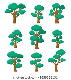 Árboles boscosos de plantas naturales ecológicas en un fondo blanco.