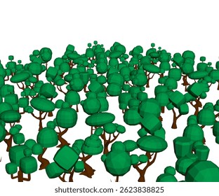 A forest of trees is shown in a 3D rendering, with each tree appearing to be a different size and shape. The trees are all green and are scattered throughout the scene, creating a sense of depth