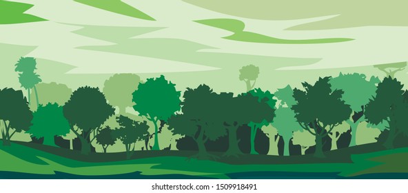 Forest. Trees and shrubs. Adults and young. Green summer landscape. Lawn in the forest. Spring morning, day. The sky is in green. Matins fog. Overgrown hills. Horizon. Landscape. Scenery. Nature. 