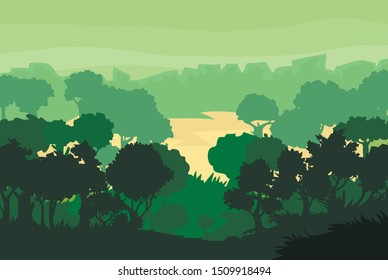 Forest. Trees and shrubs. Adults and young. Green summer landscape. Lawn in the forest. Spring morning, day. The sky is in green. Matins fog. Overgrown hills. Horizon. Landscape. Scenery. Nature. 