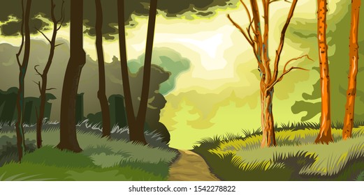 Forest. Trees and shrubs. Adults and young. Green summer landscape. Lawn in the forest. Spring morning, day. The sky is in green. Matins fog. Overgrown hills. Horizon. Landscape. Scenery. Nature. 