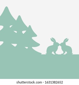 Forest trees silhouette background with bunny vector illustration