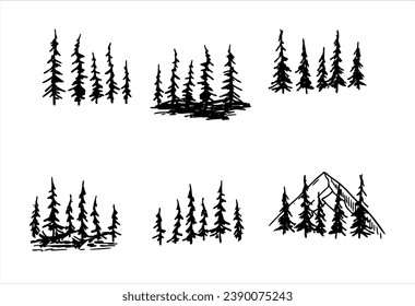 Forest trees silhouette. Set of Stencil of pine. Winter park landscape. Wooden decor element with mountain. Concept of adventure and travel, active lifestyle in nature