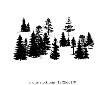 Forest trees silhouette vector background. Stencil of pine,fir,cypress.Christmas tree drawing.Winter spruces landscape border banner design.Wooden decor element for Happy new year isolated on white. - Shutterstock ID 1572653179
