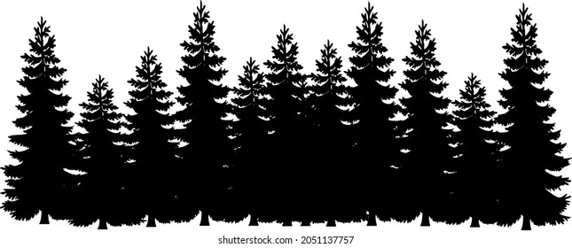 Forest trees silhouette vector background. Stencil of pine, fir, cypress. Winter spruces landscape border banner design svg