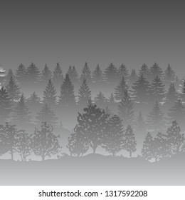 Forest trees silhouettes background vector illustration. Horizontal abstract monochrome landscape of hills covered with wood.