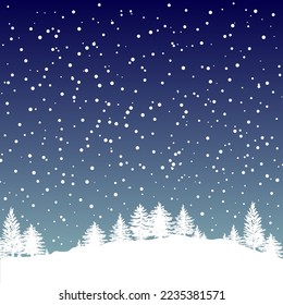 Forest trees silhouettes background vector illustration. Falling snow. Horizontal abstract banner of winter night hills covered with wood.