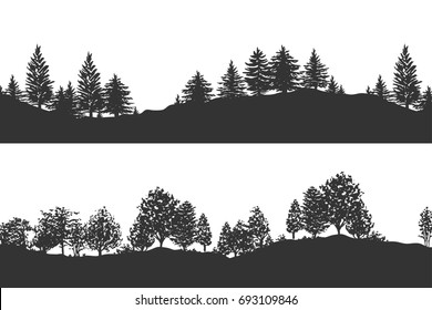 Forest trees silhouettes background vector illustration. Horizontal abstract banner of hills covered with wood in black and white.