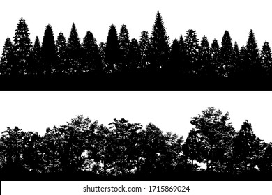 Forest trees silhouettes backgrounds vector illustration. Set of horizontal abstract banners of wood hills in black and white. EPS