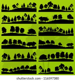 Forest trees silhouettes landscape illustration collection background vector