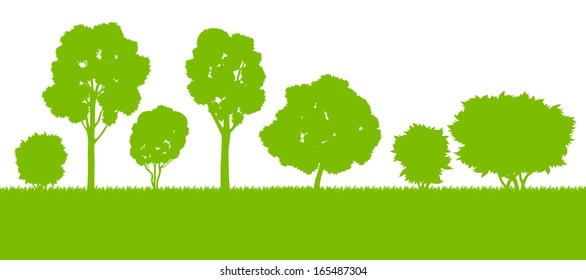 Forest trees silhouettes landscape illustration background vector card template concept