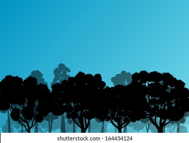 Forest trees silhouettes natural wild landscape detailed illustration background vector