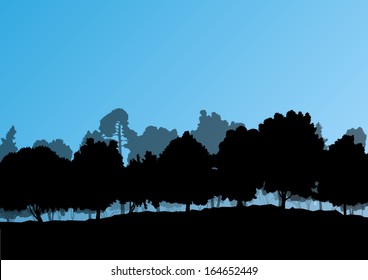 Forest trees silhouettes natural wild landscape detailed illustration background vector