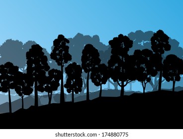 Forest trees silhouettes natural wild landscape detailed illustration background vector