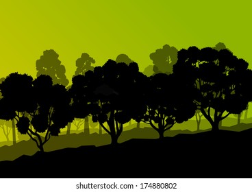 Forest trees silhouettes natural wild landscape detailed illustration background vector