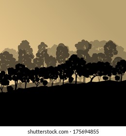 Forest trees silhouettes natural wild landscape detailed illustration background vector
