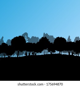 Forest trees silhouettes natural wild landscape detailed illustration background vector