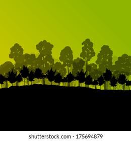 Forest trees silhouettes natural wild landscape detailed illustration background vector
