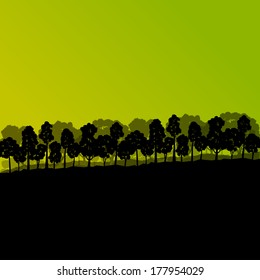 Forest trees silhouettes natural wild landscape detailed illustration background vector
