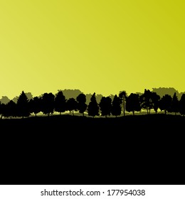 Forest trees silhouettes natural wild landscape detailed illustration background vector