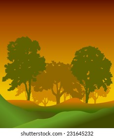 Forest trees silhouettes natural wild landscape detailed illustration background vector 