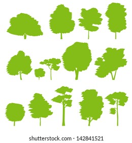 Forest trees silhouettes vector background set
