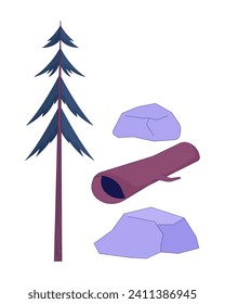 Forest trees stones 2D linear cartoon objects set. Tree trunk woodland rocks isolated line vector elements white background. Evergreen plants environment color flat spot illustrations collection