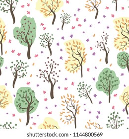 Forest with trees - a stylish hand-drawn illustration for wallpaper, wrapping paper. Light white seamless vector pattern. Seasonal picture about harvesting, falling foliage and flowering.