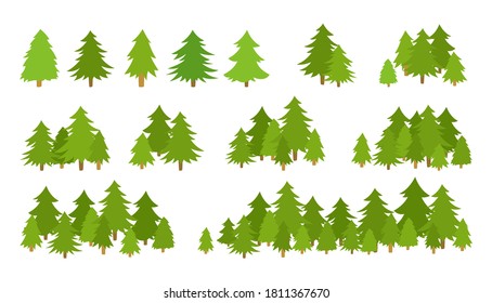 Forest trees textured. Hand drawn landscapes green flat silhouette. Evergreen woods horizon shape. Various forms of cartoon wood. Vector illustration on white background