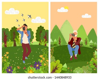 Forest with trees and tourist making shoots on photo camera. Vector man photographer in trousers and shirt, bag on shoulder and natural landscape, rest outdoors