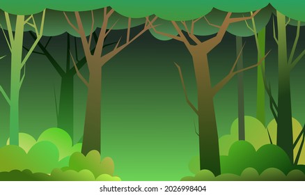 Forest trees vector. Dense wild plants with tall, branched trunks. Summer green landscape. Flat design. Cartoon style. Vector