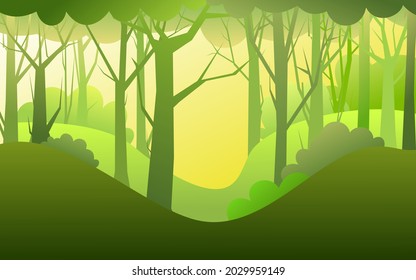 Forest trees vector. Dense wild plants with tall, branched trunks. Summer green landscape. Flat design. Cartoon style. Vector.