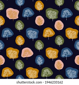 Forest trees vector seamless pattern. Decorative illustration, good for printing. Colorfull wallpaper vector. Great for label, print, packaging, fabric.