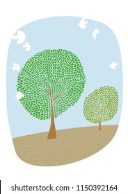 A forest of trees where birds are flying
