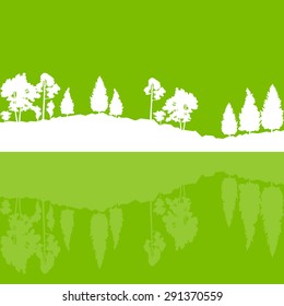 Forest trees wild nature silhouettes landscape illustration background vector ecology concept with abstract reflection in water