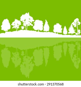 Forest trees wild nature silhouettes landscape illustration background vector ecology concept with abstract reflection in water