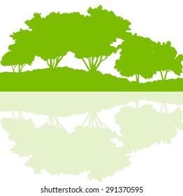 Forest trees wild nature silhouettes landscape illustration background vector ecology concept with abstract reflection in water