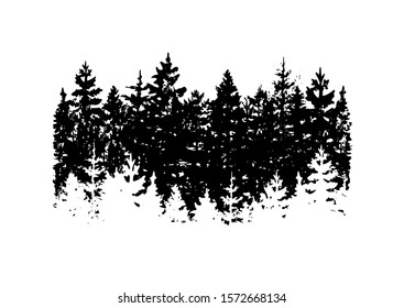 Forest  trees winter landskape silhouette vector drawing.Cristmas and Happy New year's artistic decoration background with double exposure effect.Black stencils of pine,fir,cypress,spruce tree.