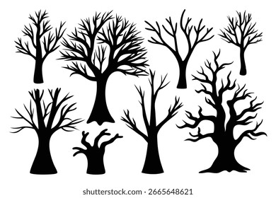 Árvores de floresta sem folhas. silhuetas definir Vetor ilustração sobre fundo branco