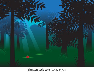 Forest . Trees in the wood and beams of the sun shine a red flower.