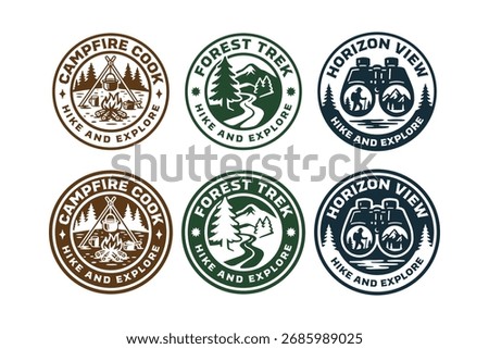 Forest trek and explorer logo badge bundle. Retro outdoor emblem set with mountain, bonfire, binocular theme. Cooking camp patch pack. Rustic hiking and trekking sticker. Vector illustration
