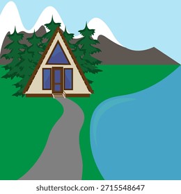 En el bosque, una casa ecológica triangular en la orilla de un lago de montaña cerca de las montañas. Un concepto de Ocio y ecoturismo.