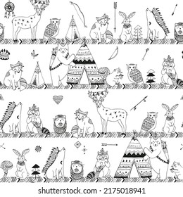 Forest tribal animals vector seamless pattern