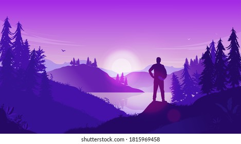 Forest trip - Man standing alone with backpack in landscape watching the sun go down. Enjoying life, adventure, visit nature and recreation concept. Vector illustration.