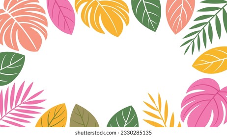 Forest tropical background vector illustration. Jungle plants, monstera, palm leaves, exotic summertime style. Botanical backdrop design for decoration, wallpaper, product presentation, branding.