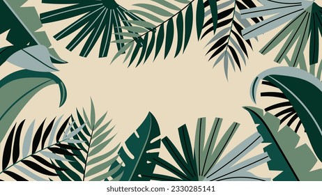 Ilustración del vector de fondo tropical forestal. Plantas de jungla, monstera, hojas de palma, hojas de plátano, estilo veraniego exótico. Diseño de fondo botánico para decoración, tapicería, presentación de productos.