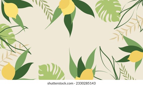 Forest tropical background vector illustration. Jungle plants, monstera, palm leaf, lemon, exotic summertime style. Botanical backdrop design for decoration, wallpaper, product presentation, branding.