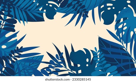 Ilustración del vector de fondo tropical forestal. Plantas de jungla, monstera, hojas de palma, estilo veraniego exótico. Diseño de fondo botánico para decoración, tapicería, presentación de productos, marca.