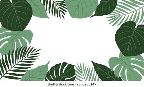 Forest tropical background vector illustration. Jungle plants, monstera, palm leaves, exotic summertime style. Botanical backdrop design for decoration, wallpaper, product presentation, branding.